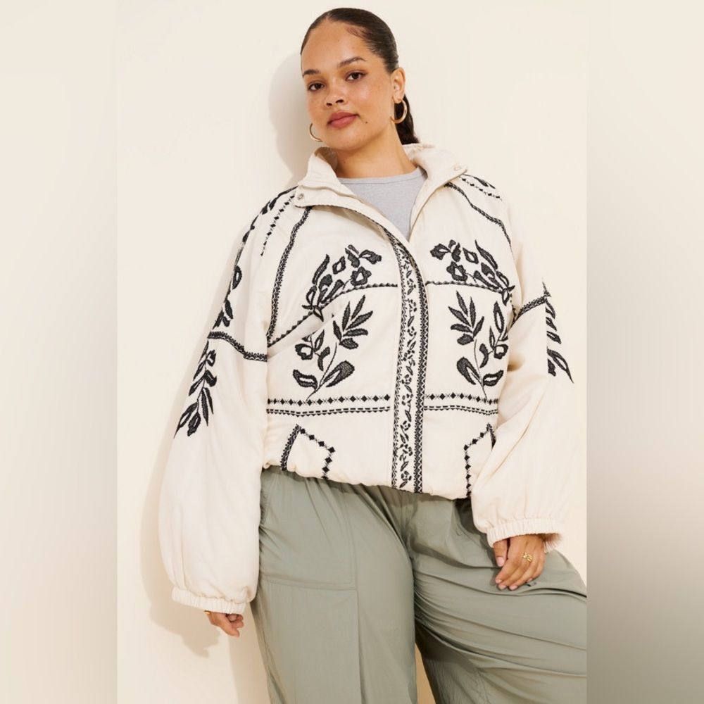 Anthropologie Embroidered Puffer Coat in Ivory 1X - Picture 15 of 16